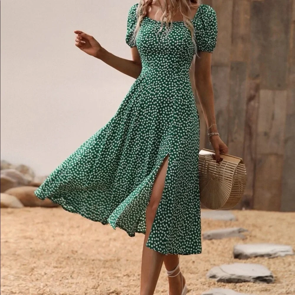 Boho polka dots puff sleeve slit thigh dress - Picture 1 of 16
